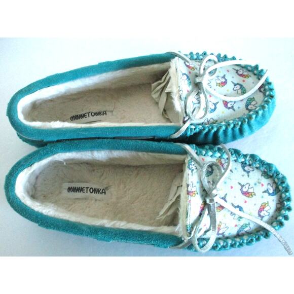 Minnetonka Girls Turquoise Unicorn Moccasin Slippers Size 3 Youth - Picture 6 of 10